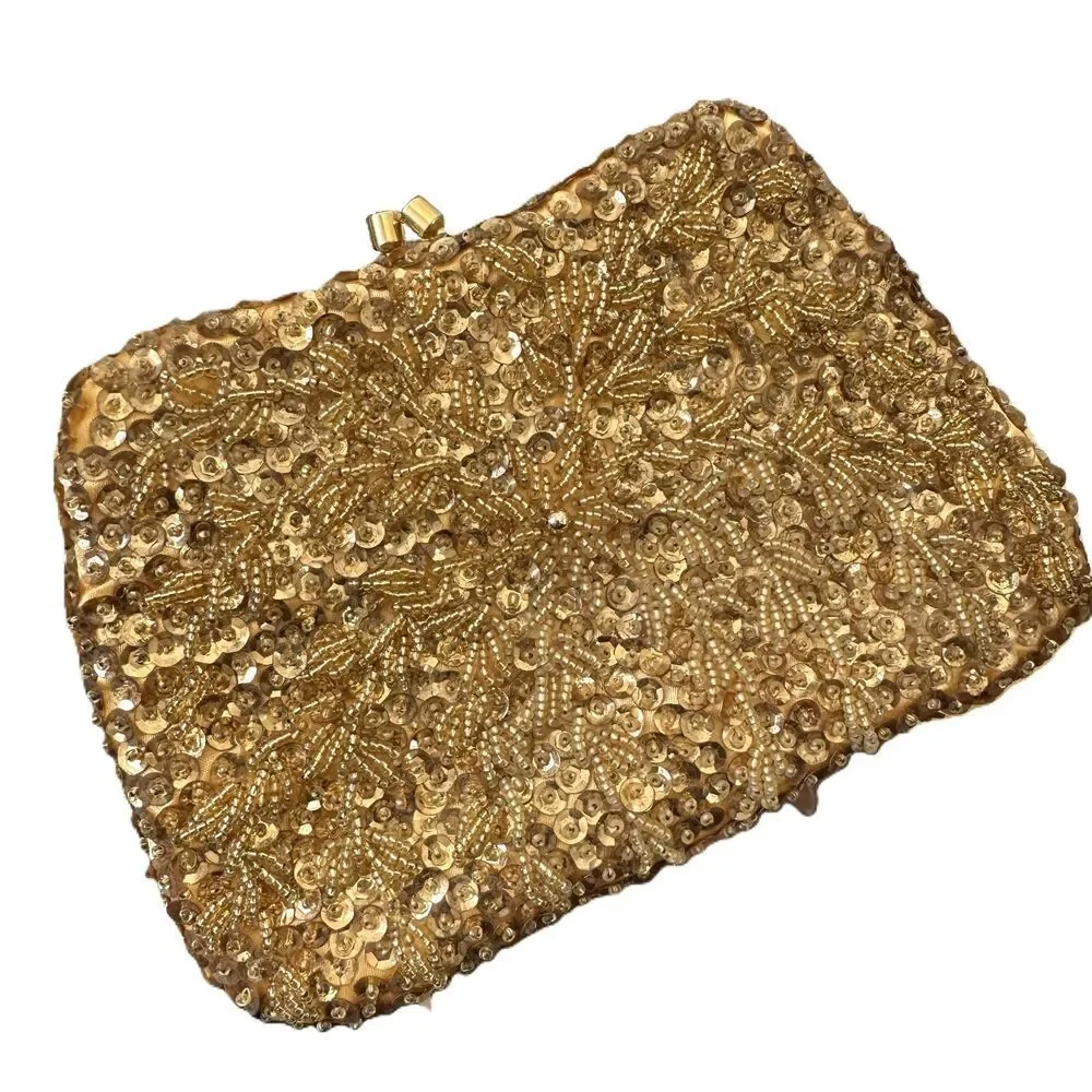 Vintage Gold Beaded Evening Bag Art Deco Flapper Hong Kong Kiss Lock Chain